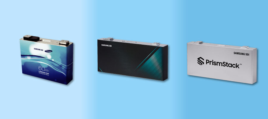 [(Left to right) 60Ah prismatic battery, 700Wh/L high-energy-density prismatic battery, PrismStack]